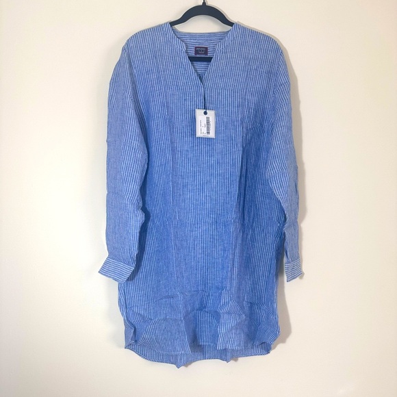 UNTUCKit Constantia 100% Linen Blue Stripe Shirt dress size 18 NWT - Picture 2 of 10
